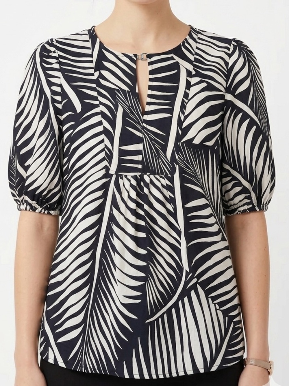 Panama Jack Linen Blend Blue & White Palm-Leaf Puff Short Sleeve Blouse M